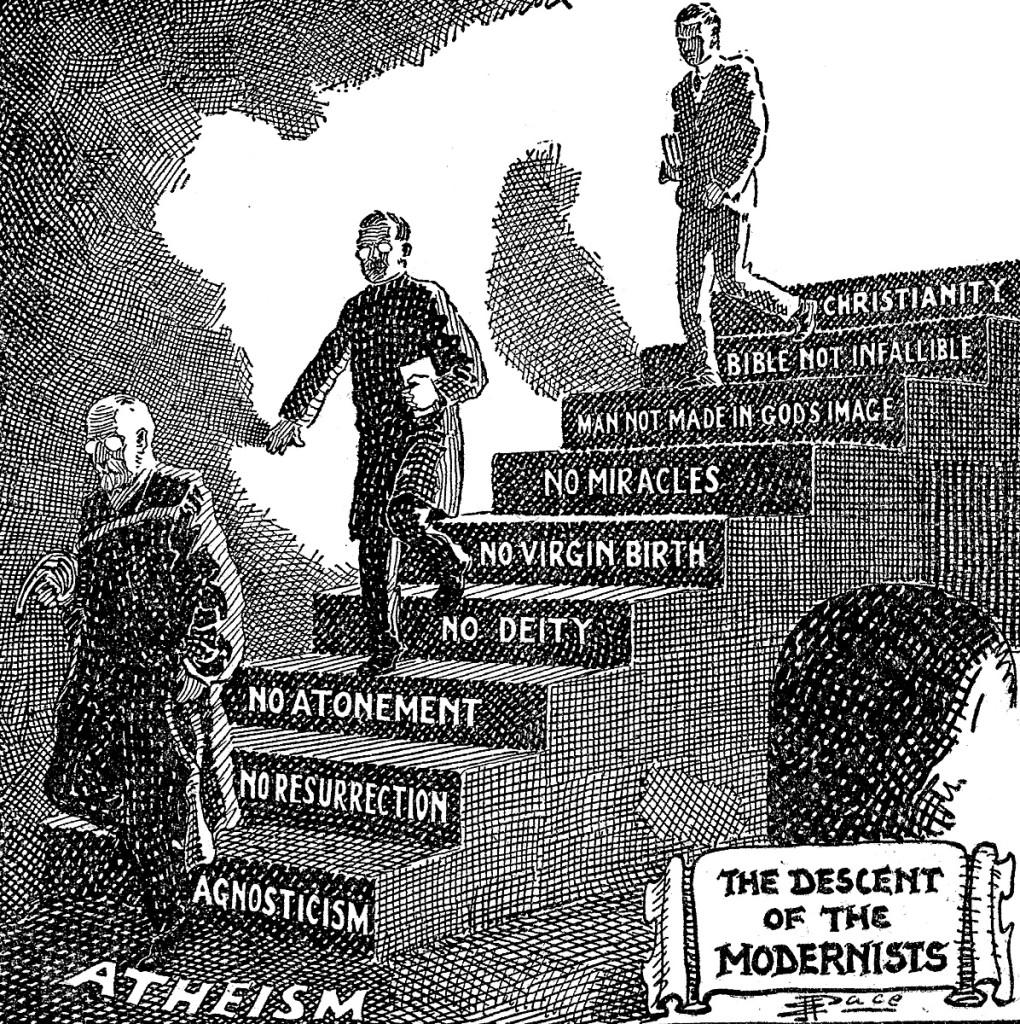 "The Descent of the Modernists", by E. J. Pace, first appearing in the book Seven Questions in Dispute by William Jennings Bryan, 1924, New York: Fleming H. Revell Company.