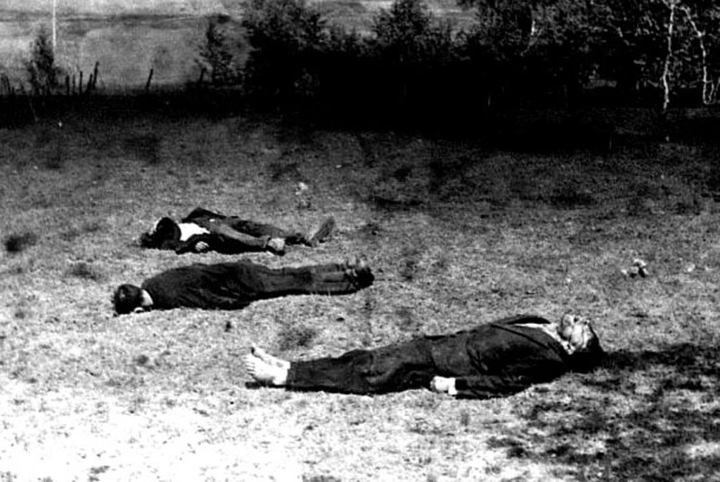 ca. 1941, Soviet Union --- Three partisans have been shot dead after being captured during the German invasion of the Soviet Union. It is unclear which side they fought for, as well as who their murderers were. Ca. 1941. --- Image by © CORBIS
