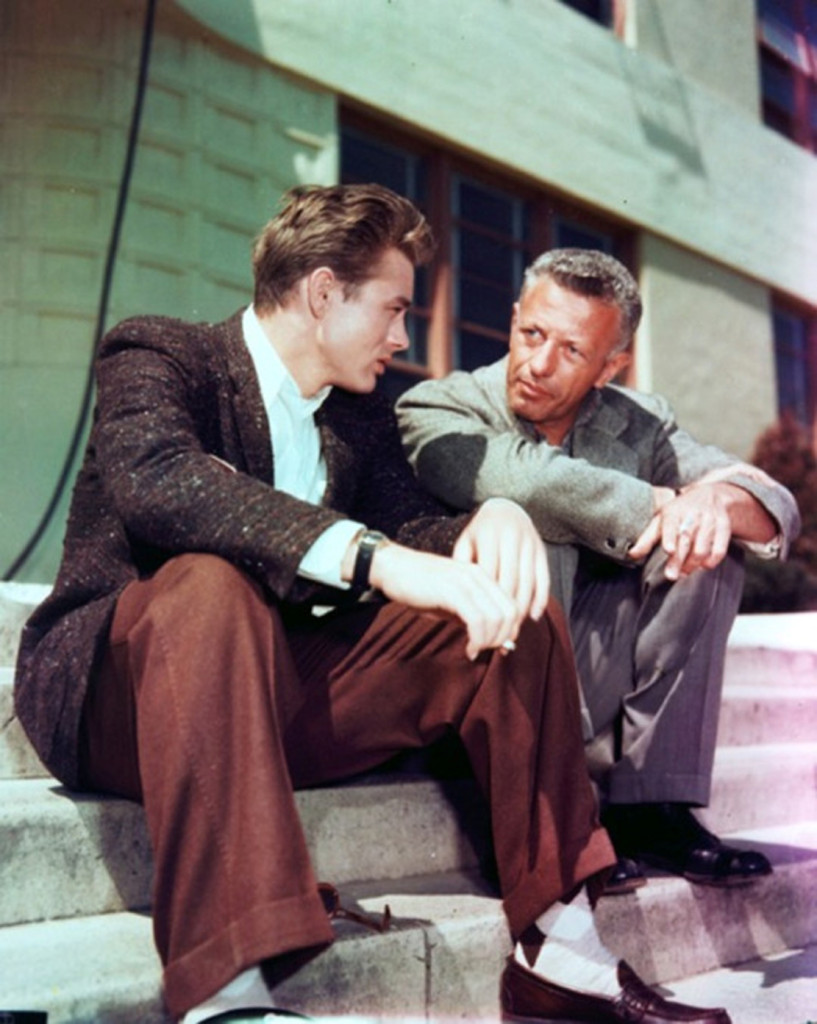 James Dean and Nick Ray on the set of REBEL WITHOUT A CAUSE. Courtesy Photofest/Film Forum.