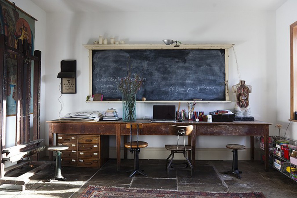 Living room with vintage blackboard and desk