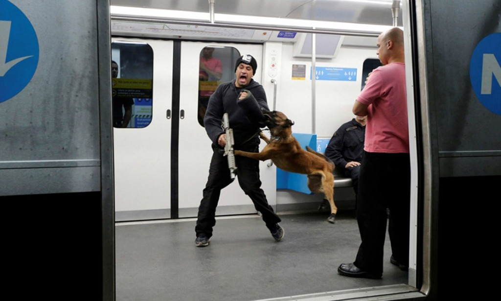 A man, acting as a terrorist, is attacked by a dog from the canine unit of a Brazilian military police battalion, during an instructional exercise with officers of an elite unit of the French police, who is responsible for anti-terrorist actions in France, ahead of the 2016 Rio Olympics at Rio de Janeiro's subway, Brazil, June 10, 2016.REUTERS/Ricardo Moraes - RTSGYKY